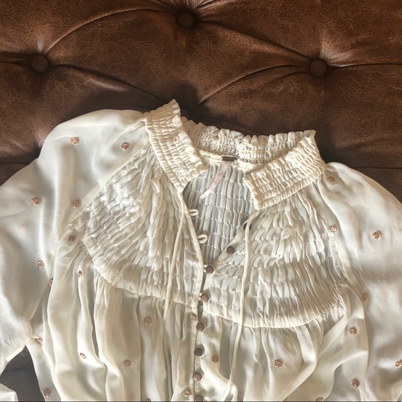 Free People Boho Ivory Gold Embroider Dot Blouse M - Picture 3 of 9